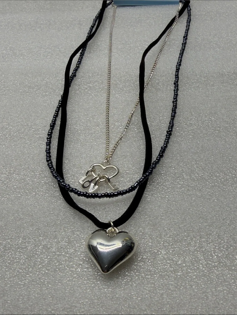 Justice Silver Layered Heart & Key Pendant Necklace with Black Strands